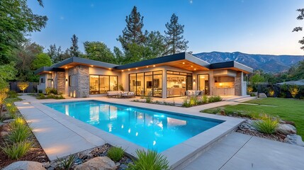 Modern home with pool at dusk