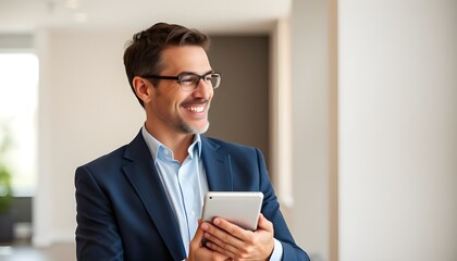 A smiling man in a suit holding a tablet looks to the side in a bright indoor setting area