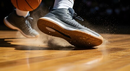 Basketball Player's Shoes on Hardwood Court Kicking Up Dust During Dynamic Play