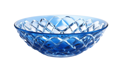 Intricately cut crystal bowl in transparent blue with openwork design on white background.PNG