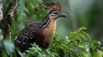 A hoatzin bird perched among lush green foliage in a tropical environment with a striking crest