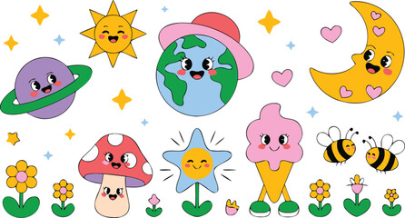 Obraz premium Groovy Cartoon Characters Smiling Sun, Moon, Earth, Ice Cream, Mushroom, Bees and Flowers