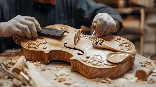 Intricate Violin Making, Wooden Instrument Detail, Craftsmanship Illustration