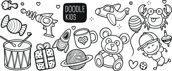 Kids Toys and Treats Doodle Set – Teddy Bear, Ice Cream, Rocket, Candy, Heart, Lollipop, Playful, Cute, Kids Doodle, Child Sketch, Hand Drawn, Sweet, Cartoon, Fun Vector Icons