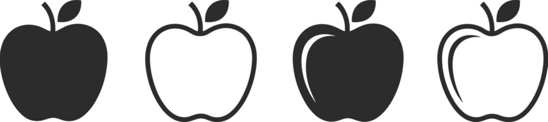 Apple fruit icon set, black and outline apple vector, healthy food symbols, organic fruit shapes, minimal flat design collection
