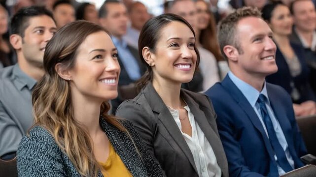 Attendees at Conference: A vibrant image of engaged attendees at a conference, their attention focused on a speaker, representing enthusiasm, learning, and collaboration in a professional setting.
