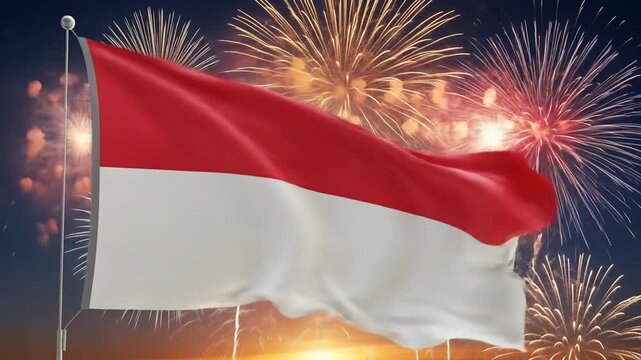 Indonesian flag waving proudly against a vibrant fireworks display at dusk.