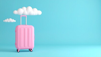 Pink Suitcase Cloud Travel Concept. Holiday Adventure Design.
