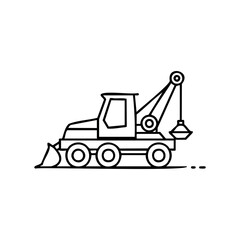 Naklejka premium Outline drawing of a heavy construction vehicle with crane and plow attachment – stock vector icon in line style