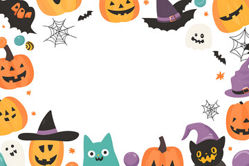 Fototapeta premium Whimsical halloween border with pumpkins bats and witch hats