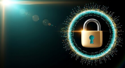 Cybersecurity: Gold Padlock in Teal Digital Interface; Futuristic, Secure, Technology Concept