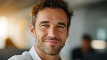Obraz premium Portrait of a Confident Man: A close-up portrait of a charming man with a warm smile and gentle eyes. Capturing a moment of authentic confidence and approachability.