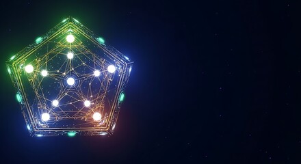 Abstract Pentagonal Network: Glowing Nodes, Futuristic Technology, Dark Background, Digital Connectivity, Modern Design, Illuminated Structure, Bright Color Palette.