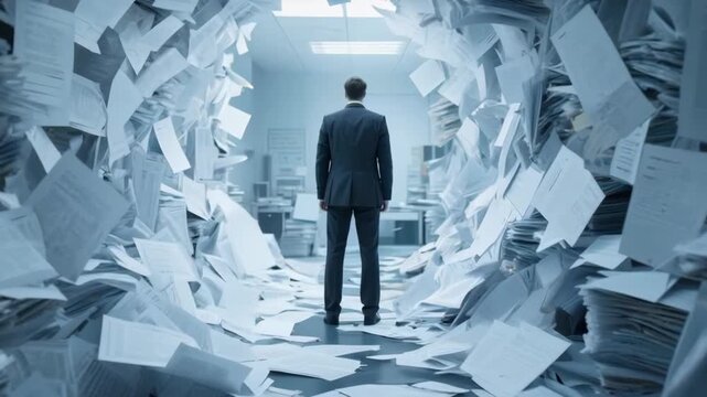 Overwhelmed businessman standing in tunnel of paperwork symbolizing bureaucracy and information overload.