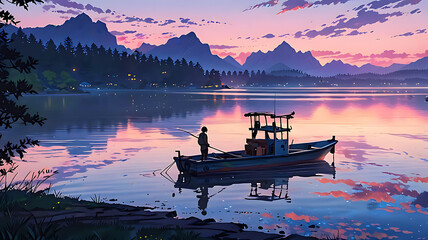 A fishing boat with a person standing on it, in a calm lake with reflections of mountains and a sunset, anime style landscape,4k, anime style 