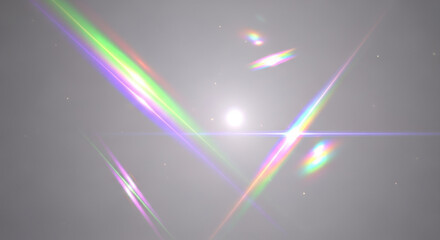 Rainbow colored lens flares and subtle light reflections on a soft gray background creating a modern and ethereal abstract design