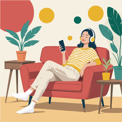 Flat Vector Illustrations of Women Relaxing on Sofa in Cozy Living Room