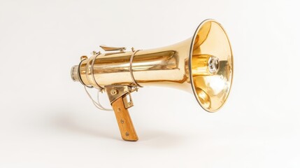 Obraz premium Vintage golden megaphone isolated on white, showcasing classic design details.