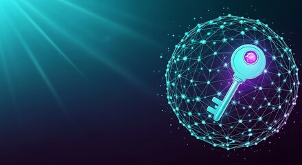 Global Network Security: Abstract Key and Illuminated Sphere, Futuristic Technology Concept