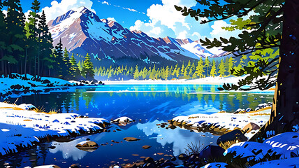 A beautiful snowy landscape with a calm lake reflecting snow-capped mountains and pine trees, anime style, 4k