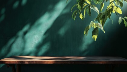 Wooden Table Against Dark Green Wall: Leaves Shadow, Light Reflections. Ideal For Presentation, Branding, Cosmetics, Food, And Jewelry Products Mock-Up