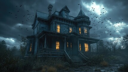 Fototapeta premium Spooky haunted house at night with bats flying under a dark sky. Eerie mansion with glowing windows for Halloween background