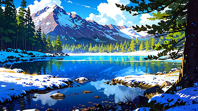 A beautiful snowy landscape with a calm lake reflecting snow-capped mountains and pine trees, anime style, 4k