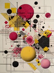 Colorful geometric abstract art with circles, lines and modern design elements

