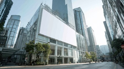 Obraz premium Wide advertising billboard mounted on Hong Kong Central glass office tower, modern city skyline and reflective architecture under sunlight