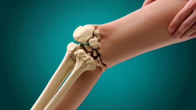 Person holding knee with visible bone structure and glowing pain sensa