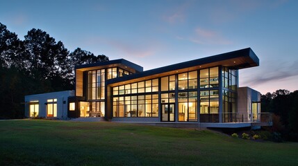 Twilight Modern Detached Suburban Home with Warm Interior Lighting and Peaceful Neighborhood Surroundings