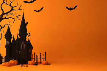 Spooky halloween castle silhouette with bats and pumpkins