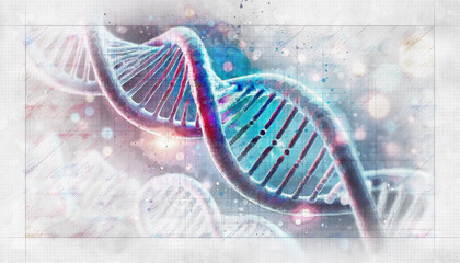 Sketch-style illustration of a DNA molecule, showcasing its double-helix structure