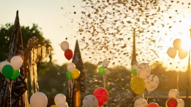 Festive confetti and balloons soar amidst a vibrant procession, bathed in golden sunset light.