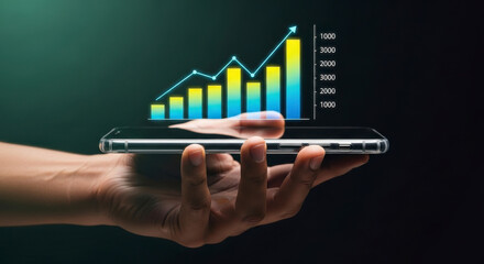 Human hand holding a smartphone with a glowing financial bar graph and upward trend line representing business growth and data analysis
