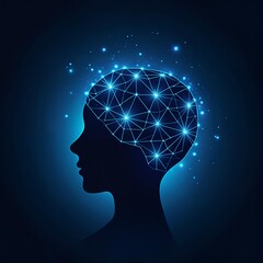 Obraz premium Silhouette of a human head with a glowing, interconnected brain network against a dark background