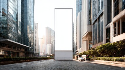 Modern Hong Kong skyscraper featuring large advertising billboard, tall glass building design in urban business district under sunny skies