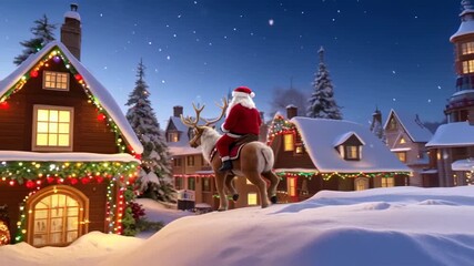 Santa Claus riding a reindeer through a snowy village at night - Powered by Adobe