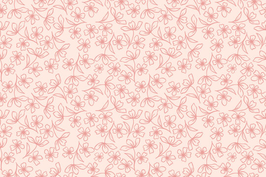 Seamless pink floral line art on pastel background. Elegant hand-drawn style for fabric, stationery, wallpaper, and romantic design themes.
