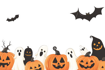 Halloween decorations with pumpkins ghosts and bats on white background