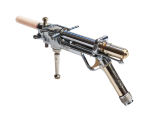 Dynamic action of a chrome plated water gun product isolated on transparent background, png