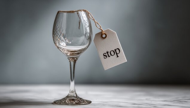 A clear wine glass with a tag reading stop suggests a pause or abstinence, highlighting the concept of moderation and self-control.