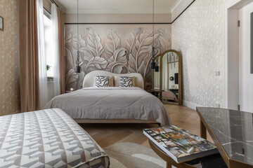 Modern Bedroom Interior with Leaf Mural and Cozy Design