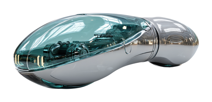 Futuristic vehicle design modern exhibition model industrial space perspective isolated on transparent background, png