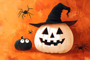 Whimsical halloween pumpkins with spiders and witch hat