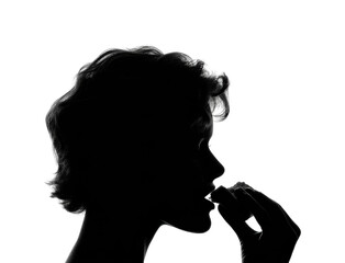 Silhouette of woman eating snack black and white isolated on transparent background, png