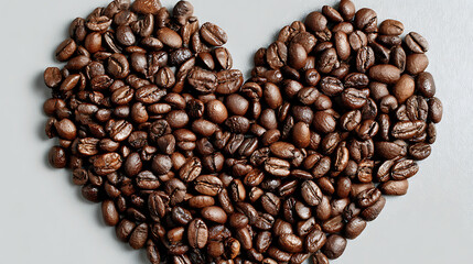 Obraz premium Heart-shaped arrangement of roasted coffee beans on a gray background, symbolizing love for coffee