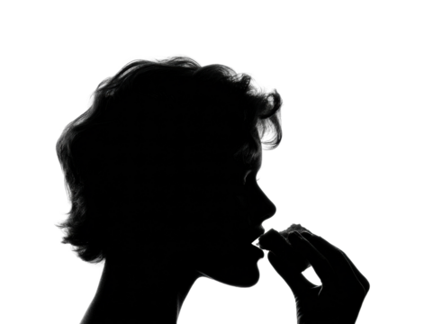 Silhouette of woman eating snack black and white isolated on transparent background, png