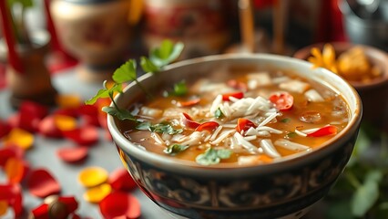 Vietnam National Day flag on silk cushion with bamboo leaves and lanterns