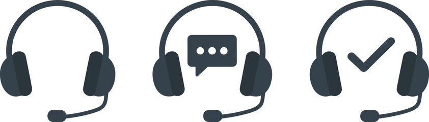 Call center headset icons, customer service communication, support representative microphone symbol, flat vector design, modern call assistance illustration